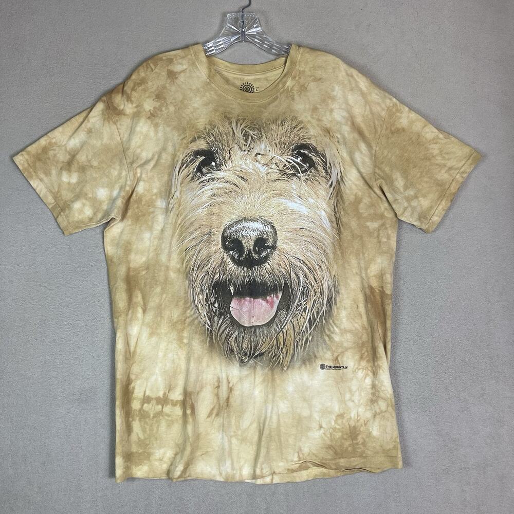 The Mountain Tee Mens L Gold Tie-Dye Schnauzer Dog Face Print Short Sleeve